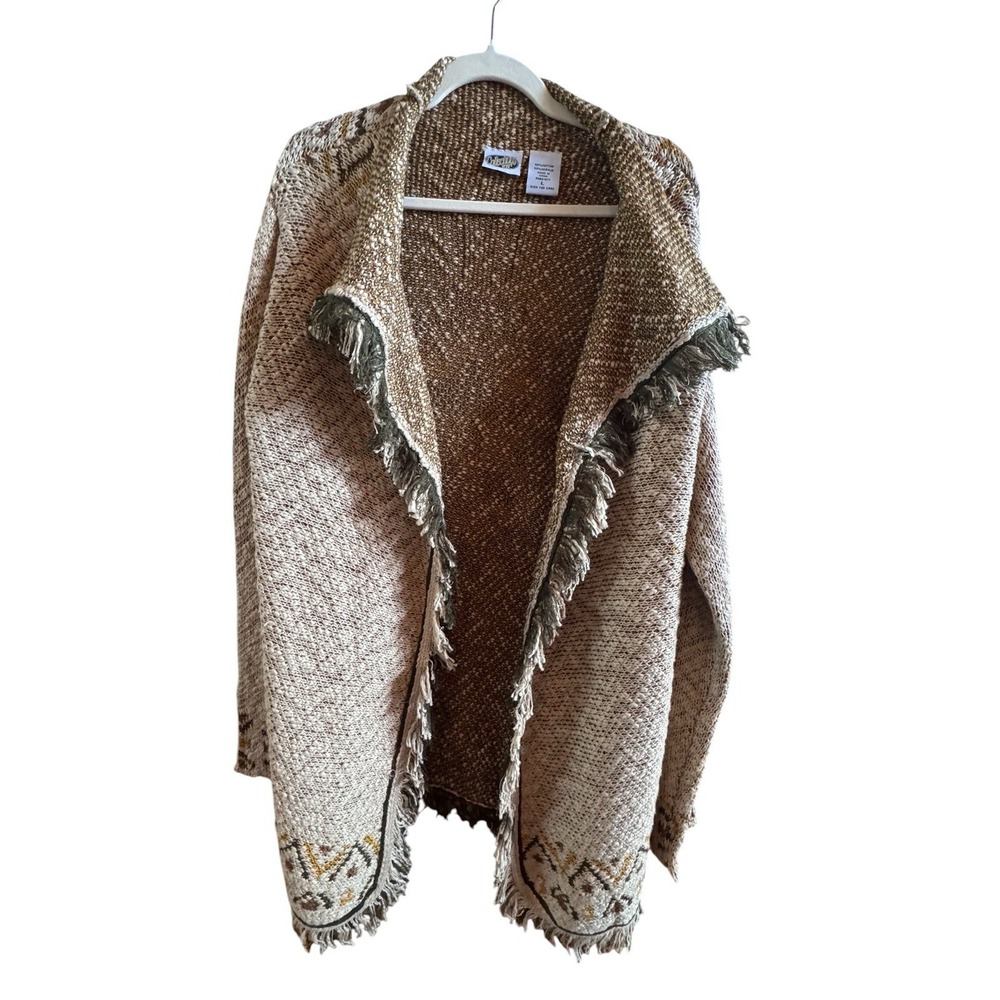 Collections Etc L Open Front Boho Cardigan Poncho Brown Ivory Tribal  Pattern